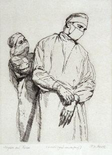 L0028811 A nurse and a surgeon, both wearing gown and mask. Etching b