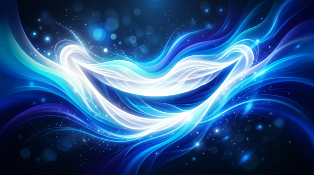 Swirling blue and white luminous abstract waves on a dark background